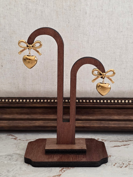 gold bow heart earrings