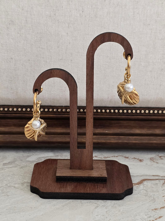 gold pearl and sea shell and starfish earrings