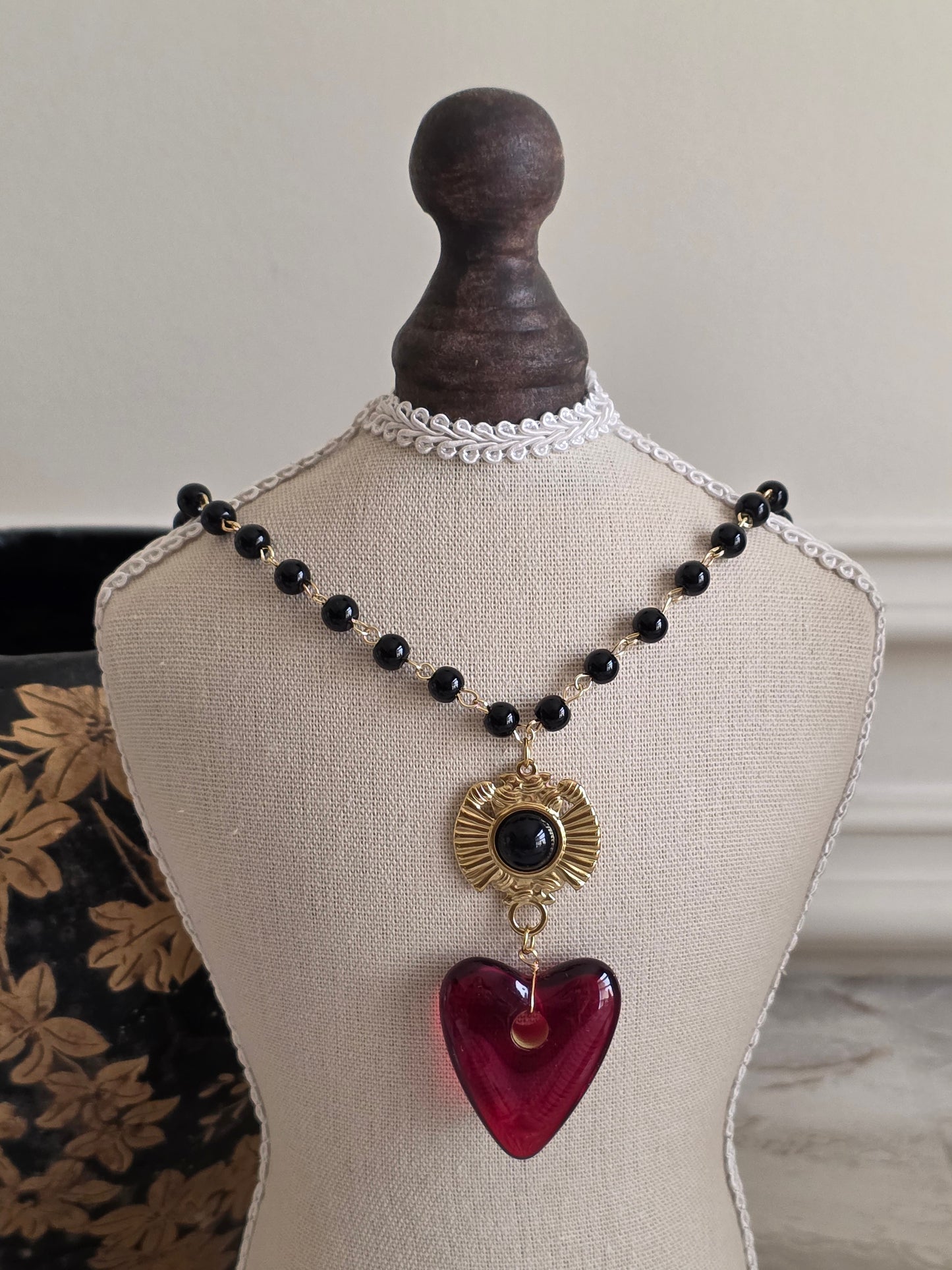 glass beads and red resin statement heart charm necklace