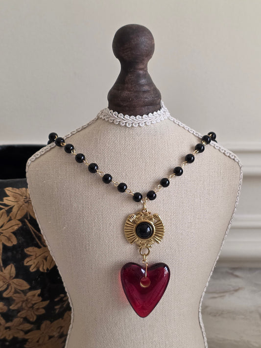 glass beads and red resin statement heart charm necklace