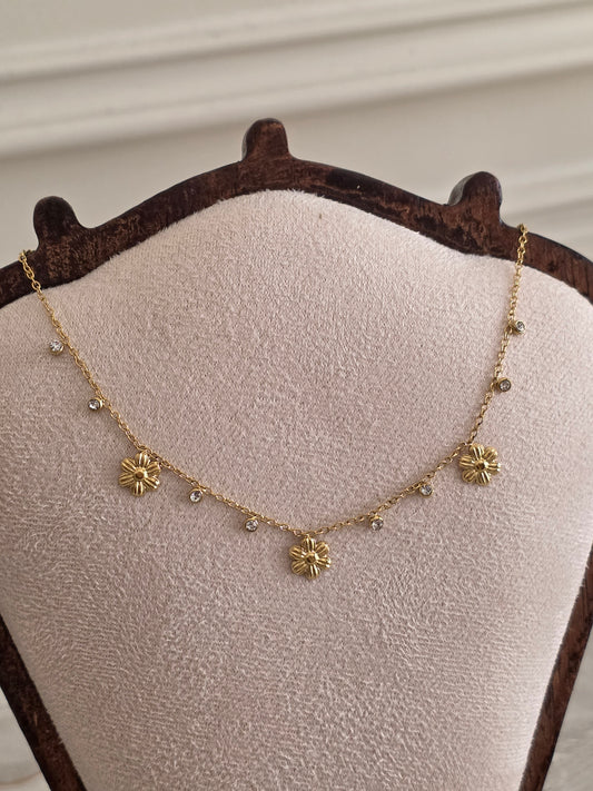 stainless steel gold flower and cubic zirconia necklace
