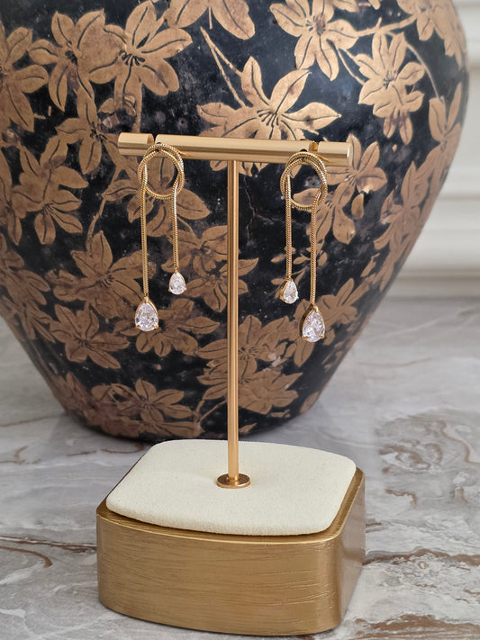 long cubic zirconia stainless steel gold earrings