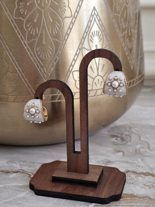 white enamel gold and pearl hoop earrings