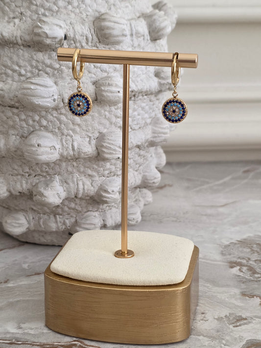 gold hoop evil eye earrings