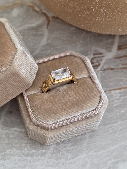 gold rectangular cubic zirconia ring