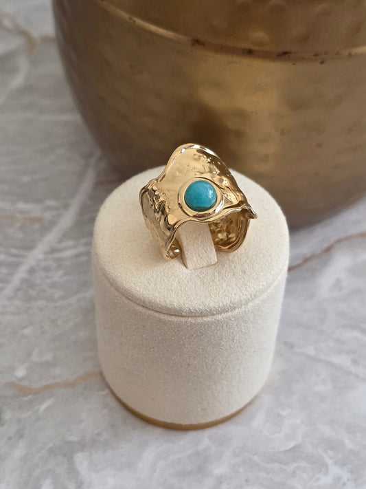 Gold Textured Turquoise Open Ring