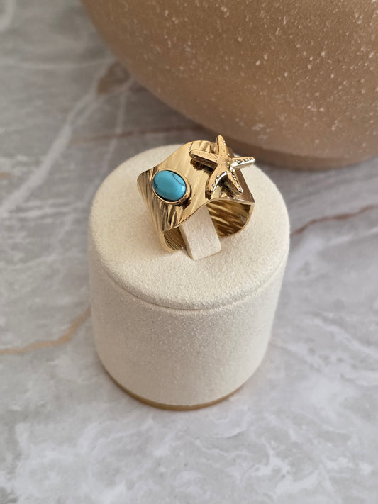 Gold Starfish and Turquoise Open statement Ring