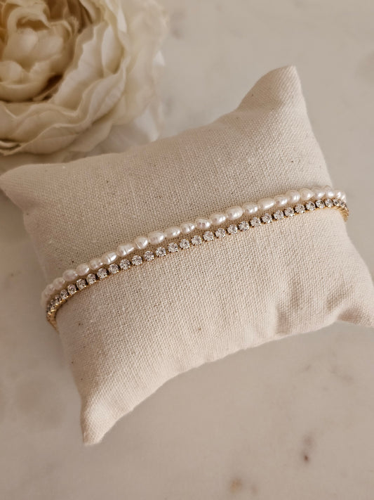 High quality stainless steel gold plated Cubic zirconia and pearl bracelet