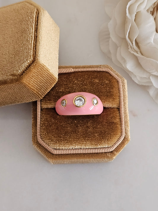 Gold plated stainless steel pink cubic zicronia ring