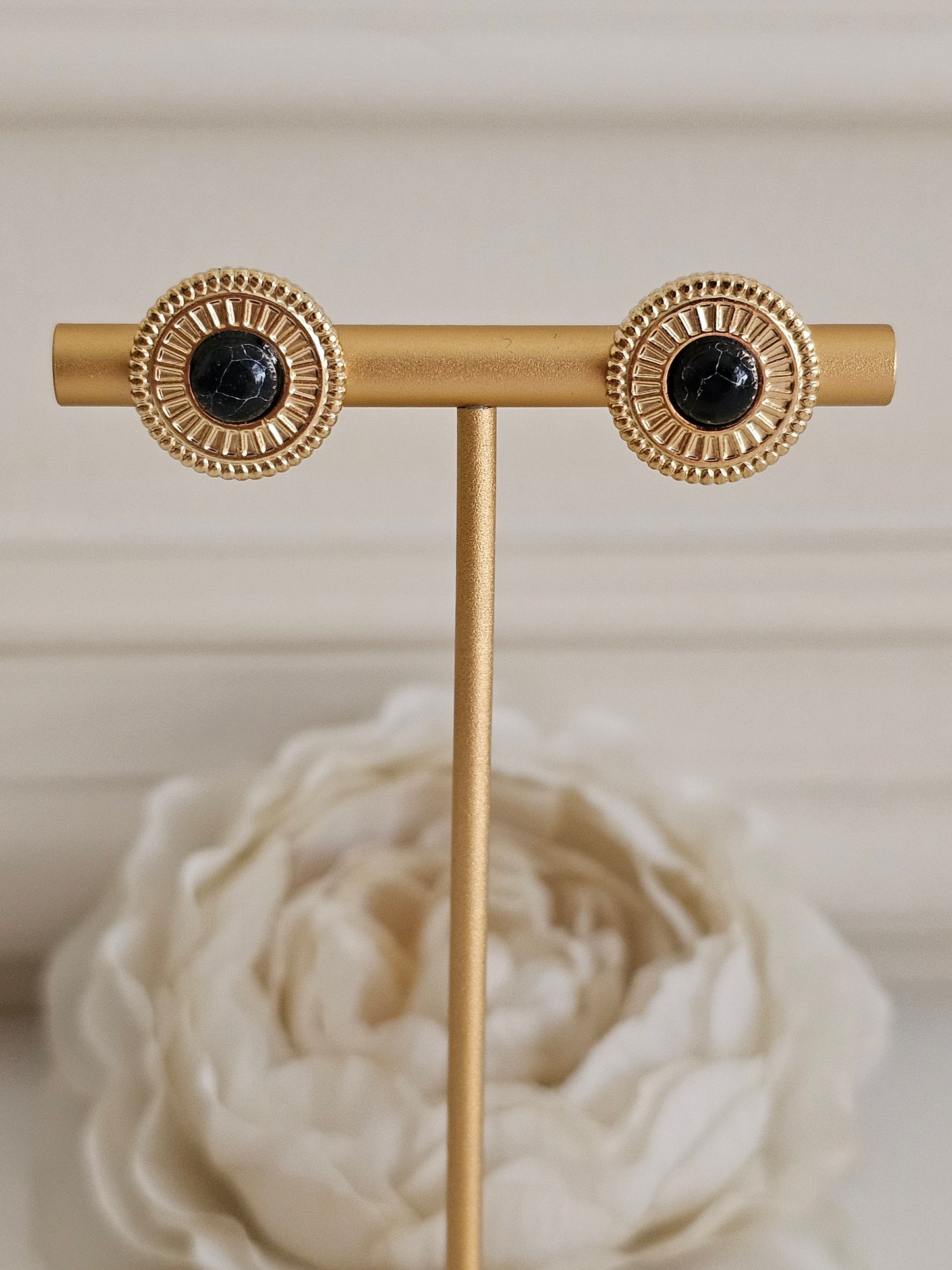 Black and gold button earrings