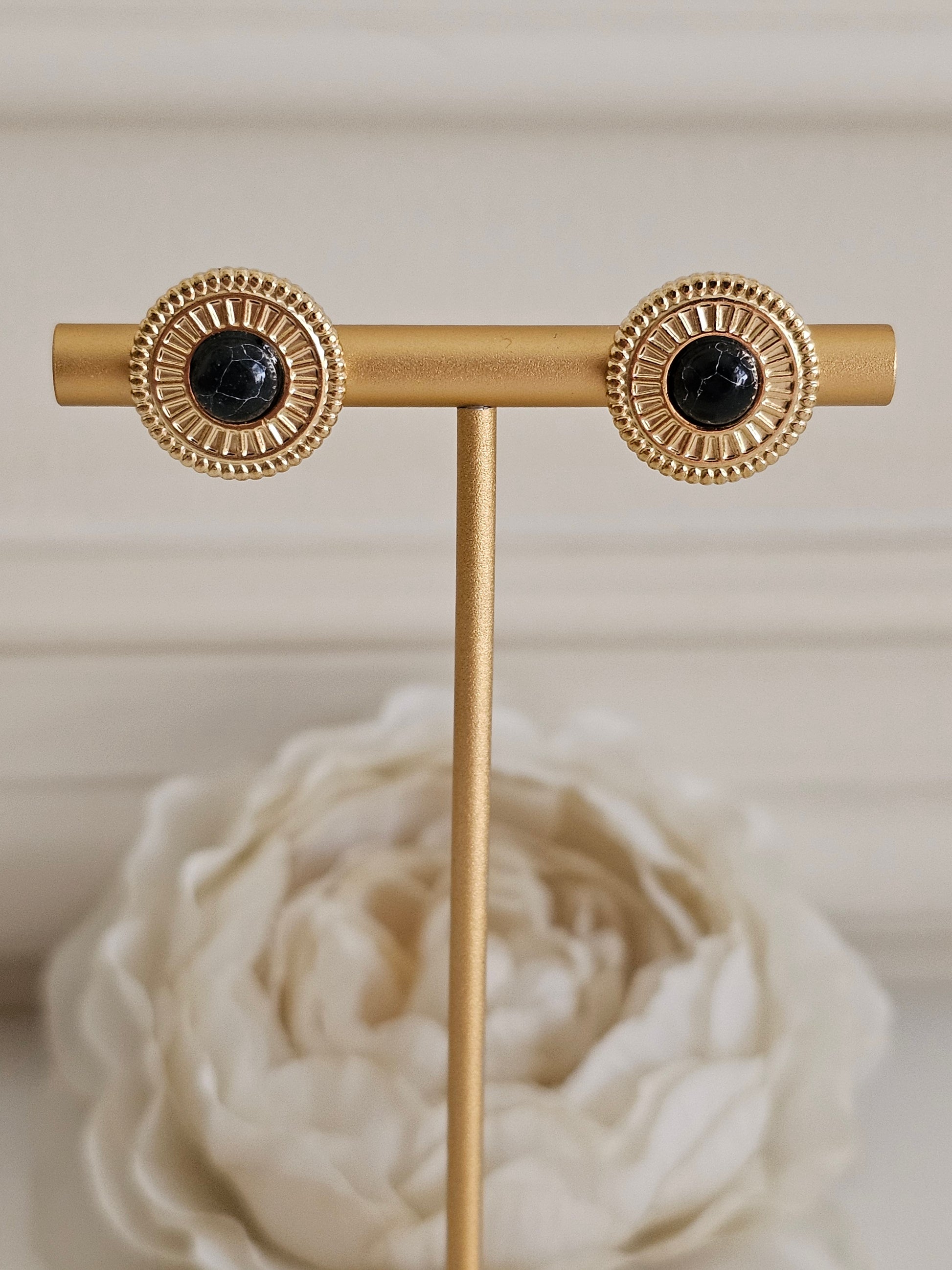 Black and gold button earrings