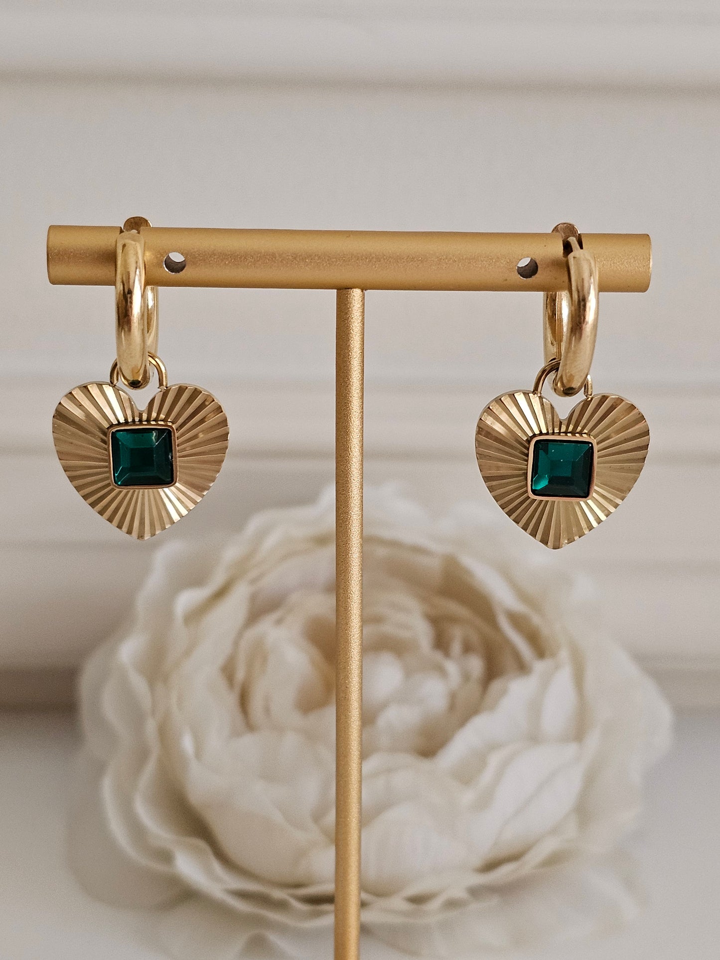 Gold and Emerald heart Hoop earrings