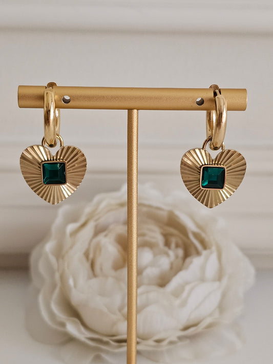Gold and Emerald heart Hoop earrings