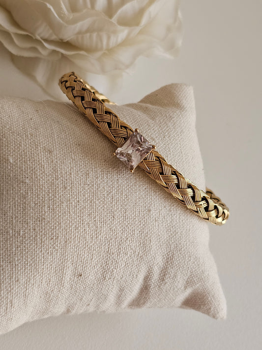 Mesh cubic zirconia gold cuff bangle