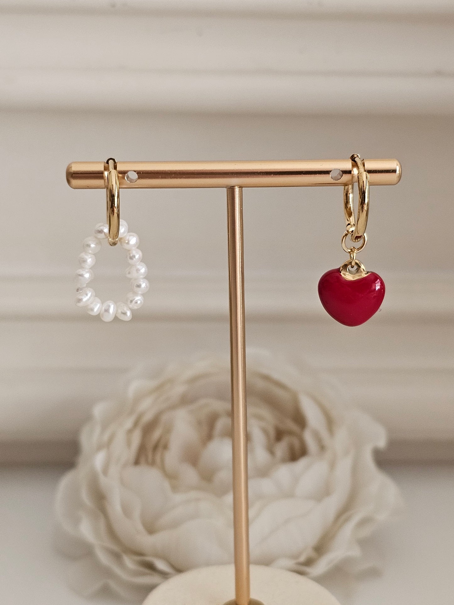 Gold heart and pearl hoop earrings