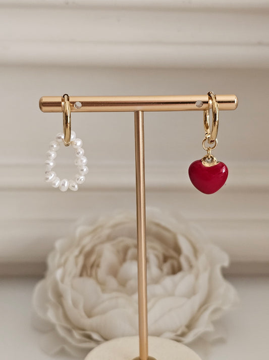 Gold heart and pearl hoop earrings