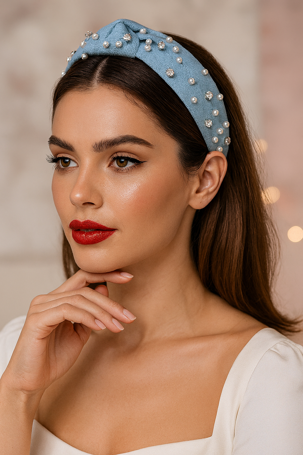 DENIM DIAMANTE & PEARL HEADBAND