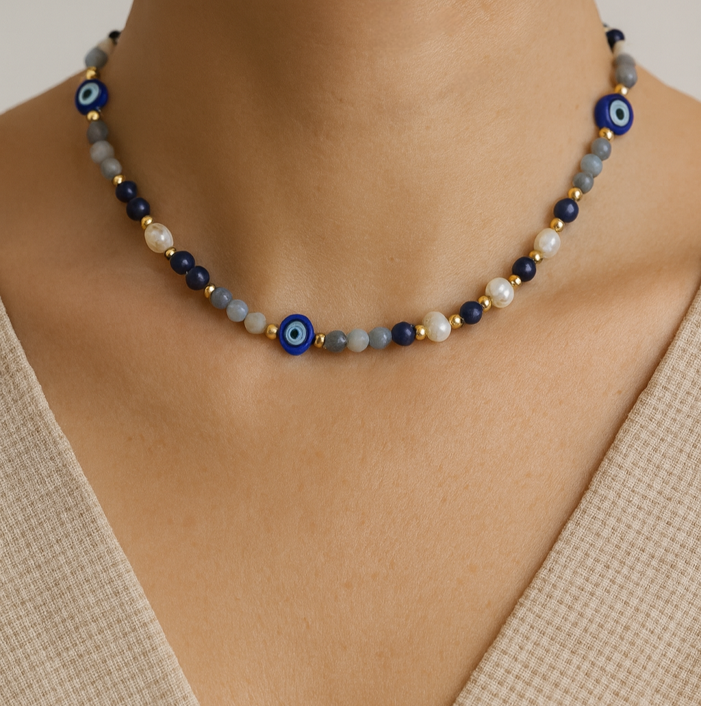 FREYA EVIL EYE PEARL & CRYSTAL NECKLACE