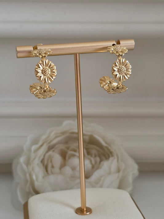 Gold hoop flower earrings