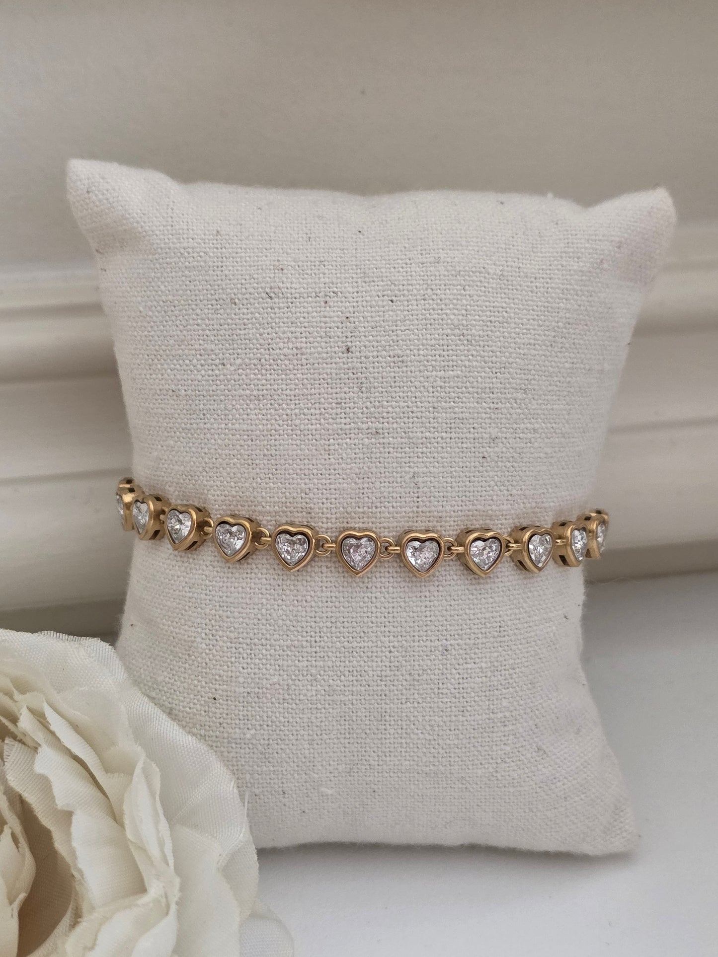 Cubic zirconia gold heart tennis bracelet