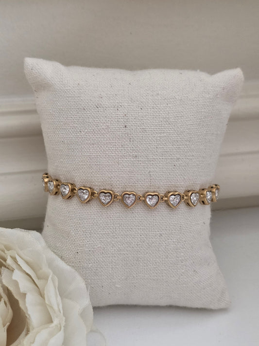 Cubic zirconia gold heart tennis bracelet