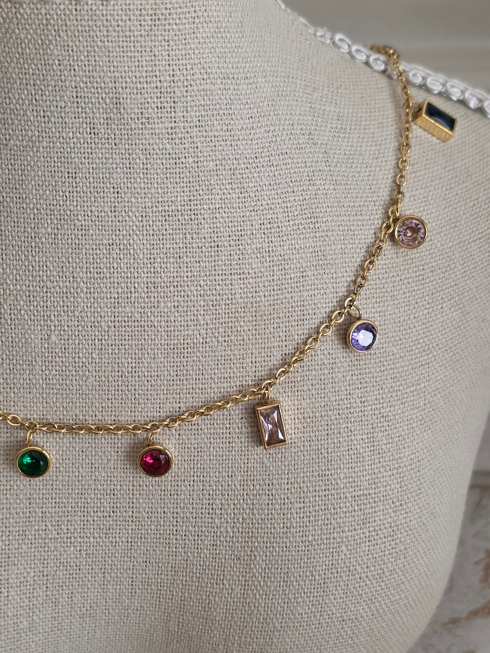 Colourful cubic zirconia gold necklace