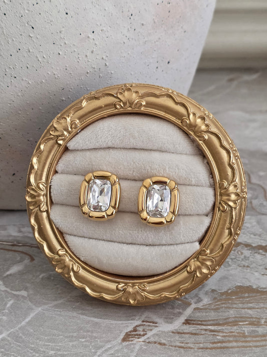 gold rectangle cubic zirconia statement earrings