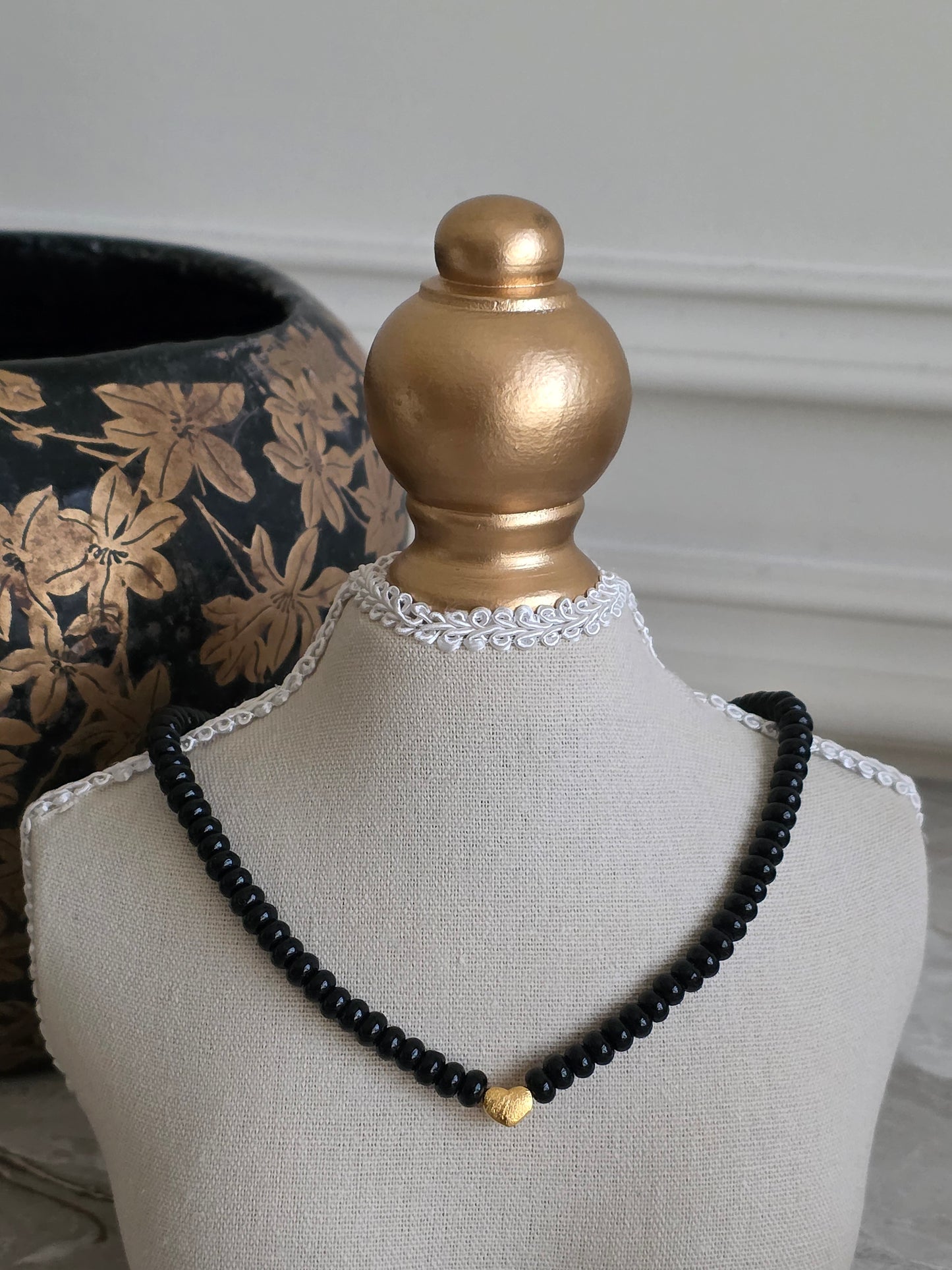 Onyx stone beads with gold love heart necklace