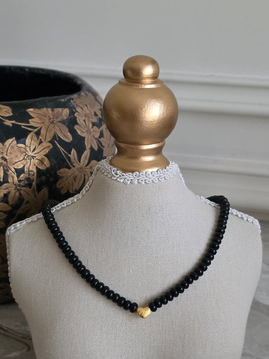 Onyx stone beads with gold love heart necklace