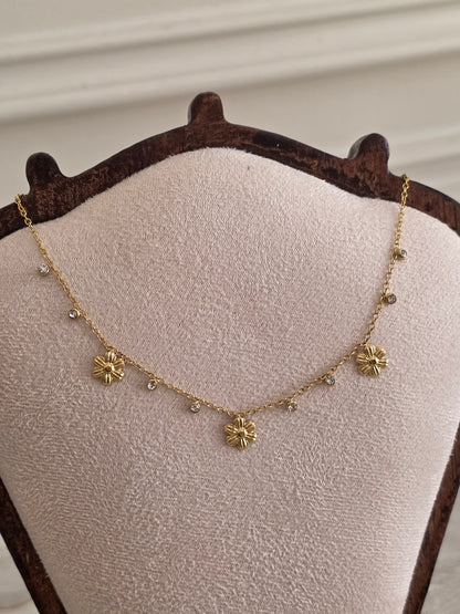 stainless steel gold flower and cubic zirconia necklace