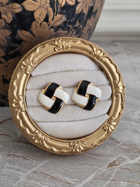black and white enamel square statement earrings