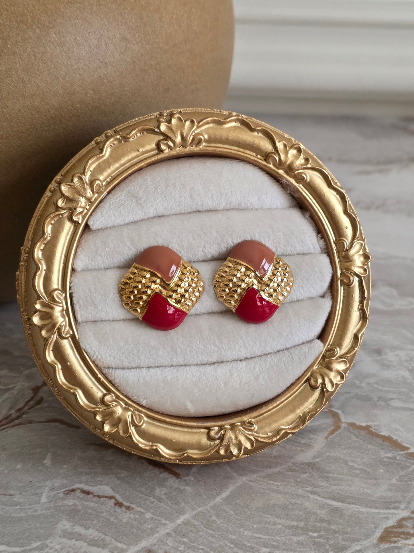 gold and red enamel square statement earrings