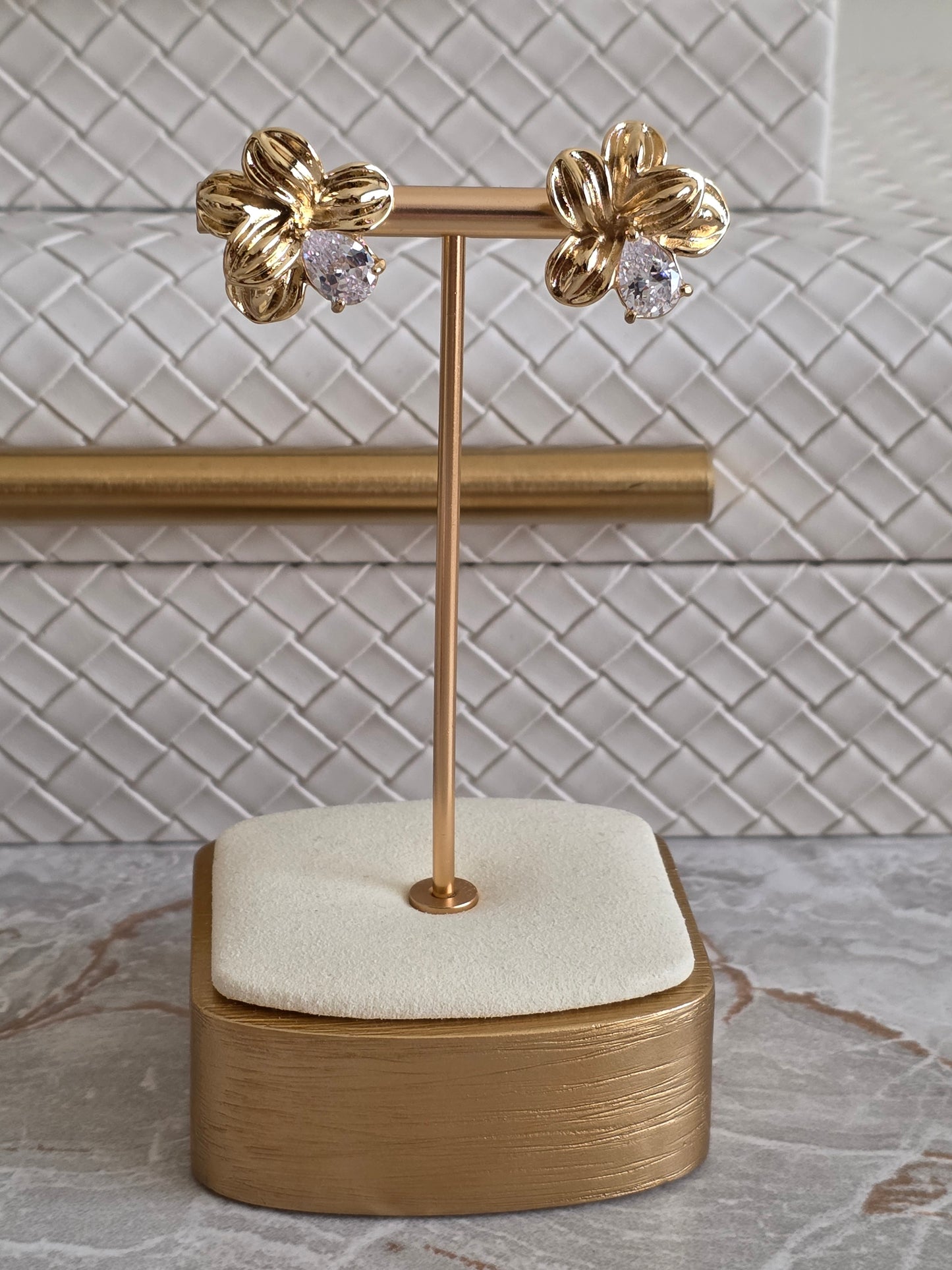 gold flower and cubic zirconia statement earrings