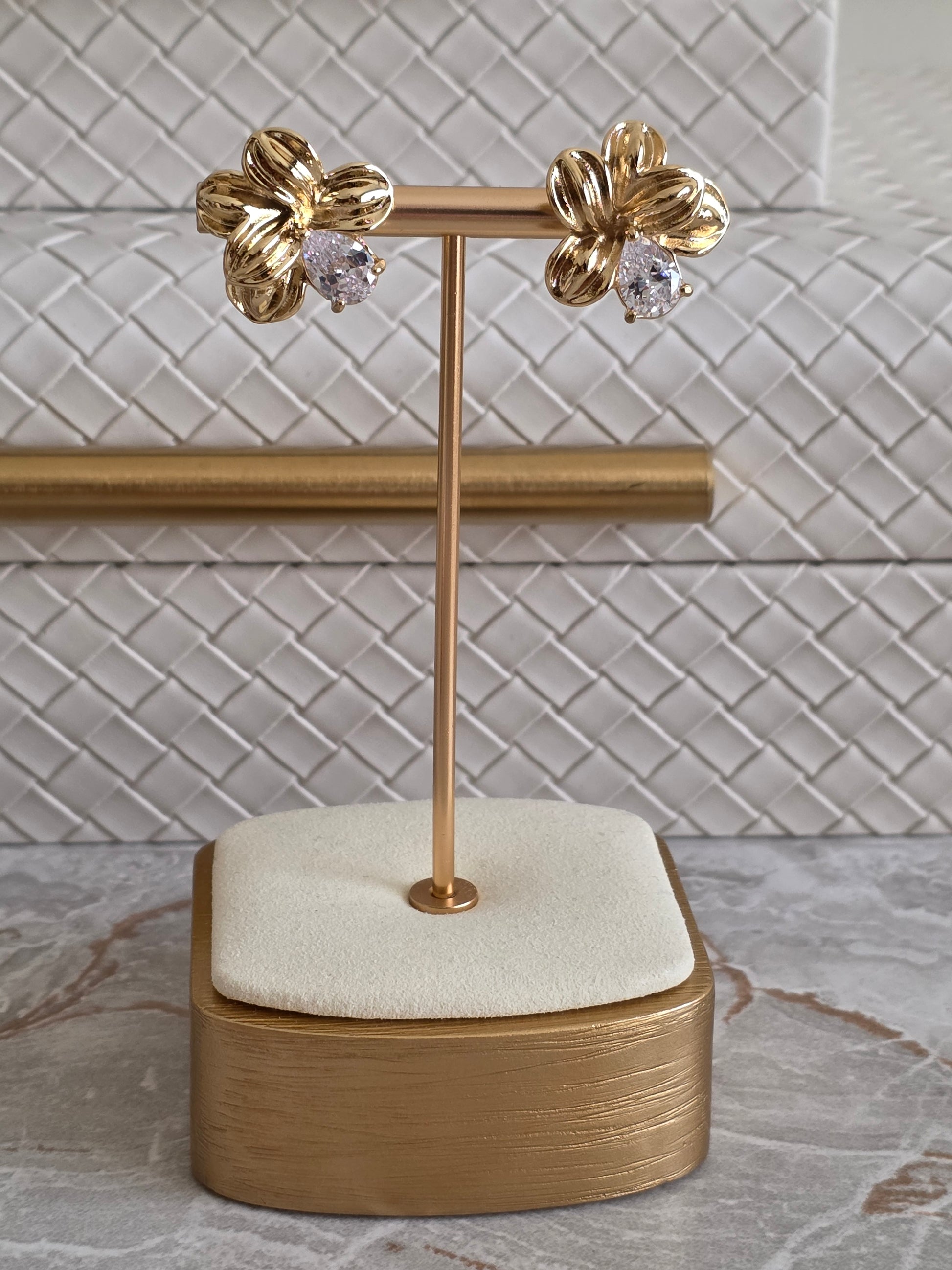 gold flower and cubic zirconia statement earrings