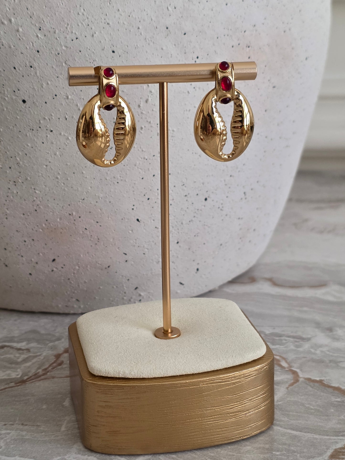 gold ruby stone statement shell earrings