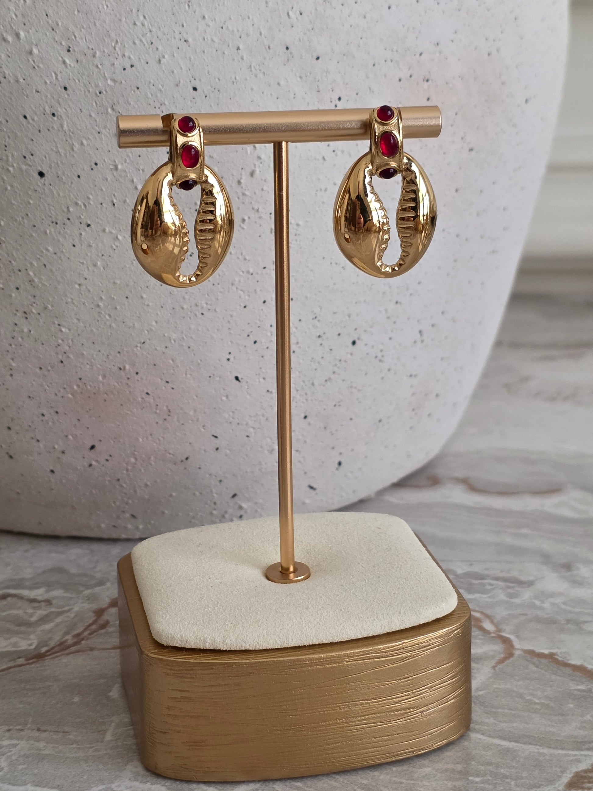 gold ruby stone statement shell earrings