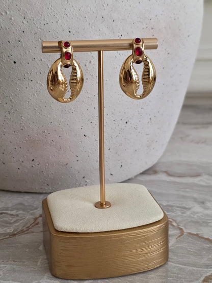 gold ruby stone statement shell earrings