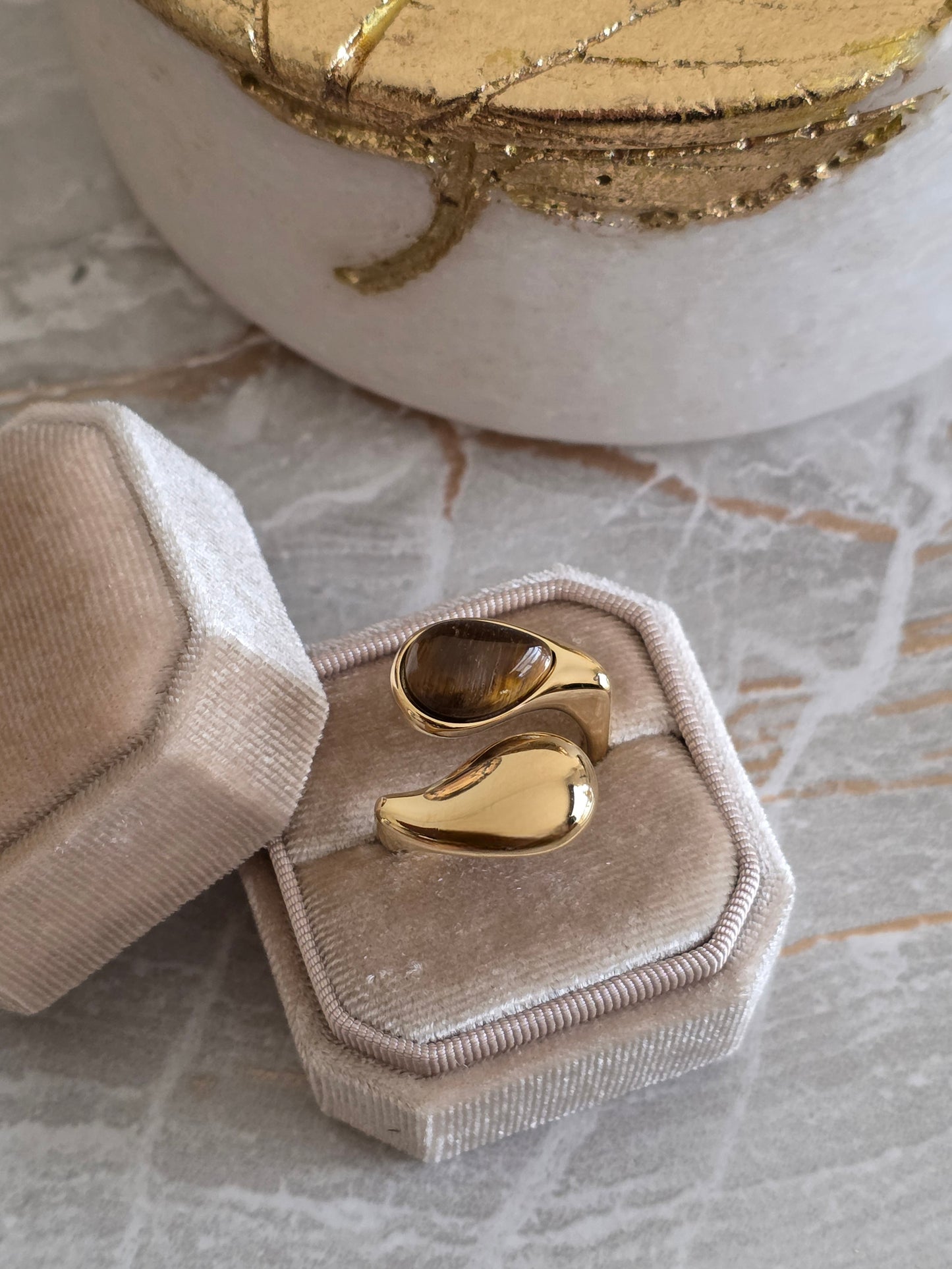 Gold tiger eye statement adjustable ring