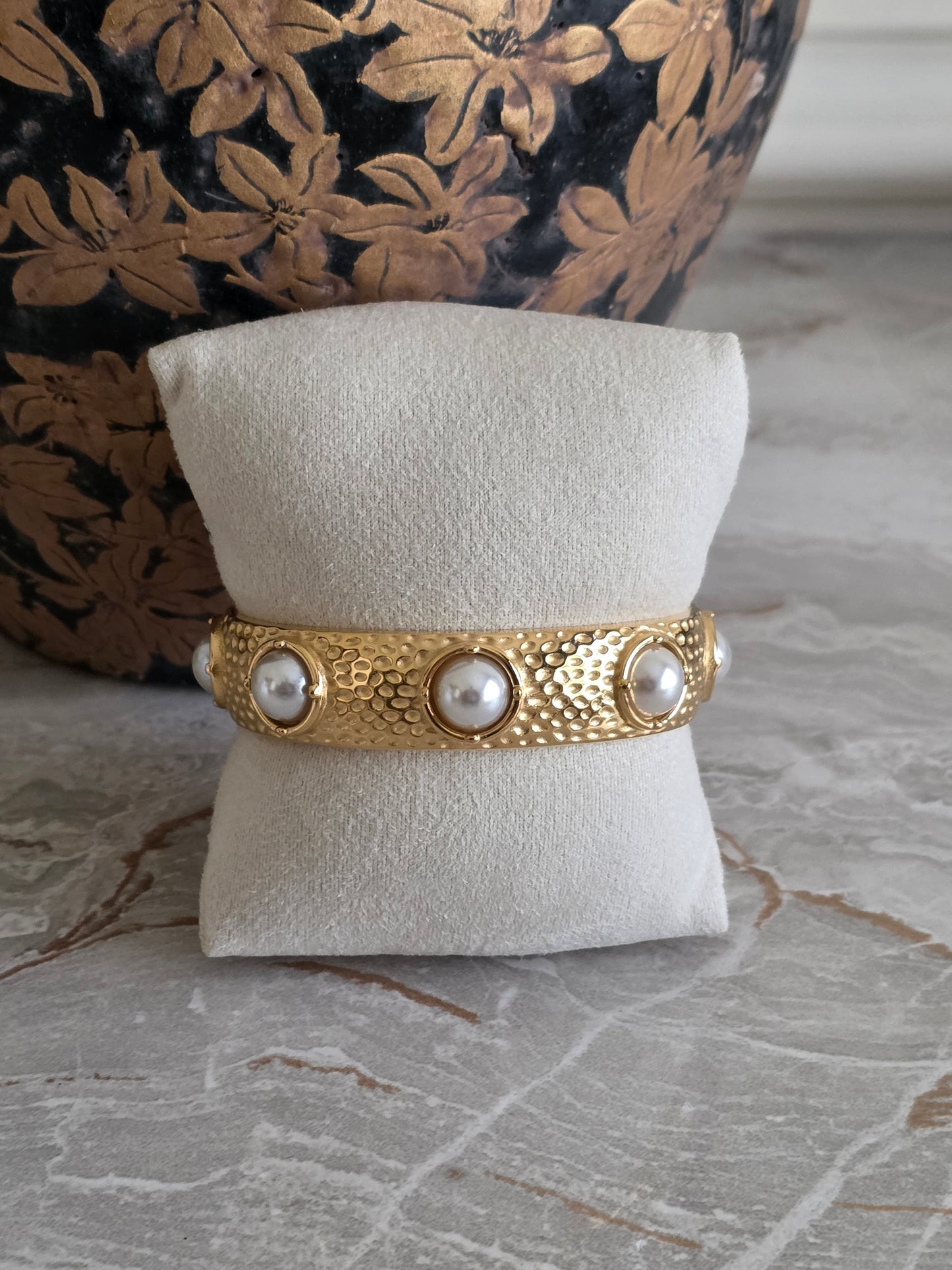 pearl and gold statement cuff bangle