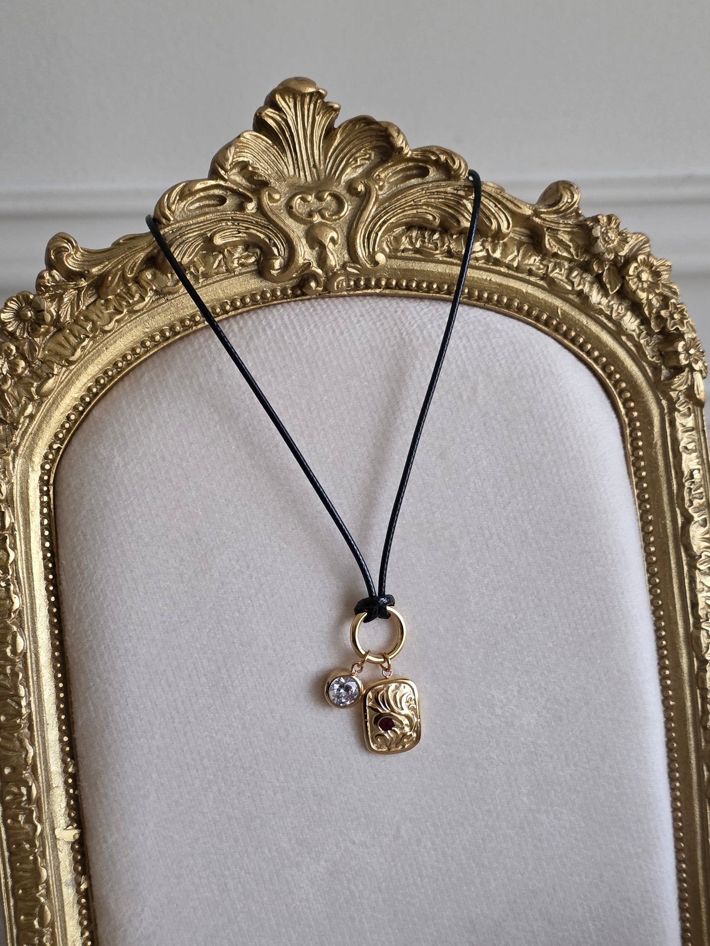 gold vintage leather cubic zirconia necklace