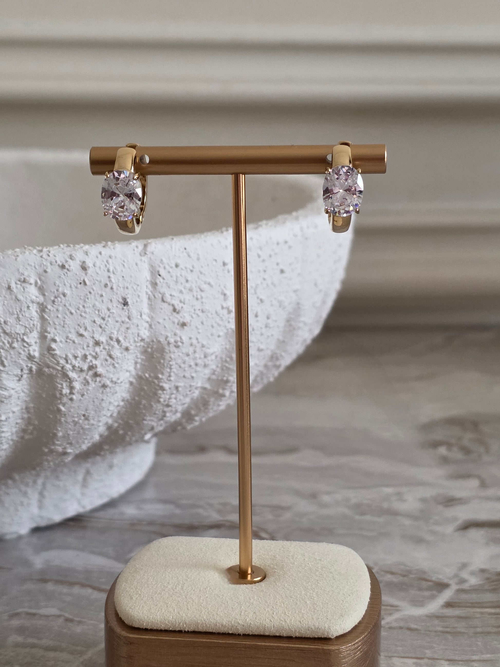 gold oval cut ceystal hoop earrings