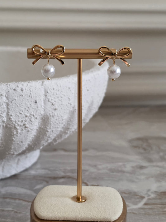 gold pearl bow earrings