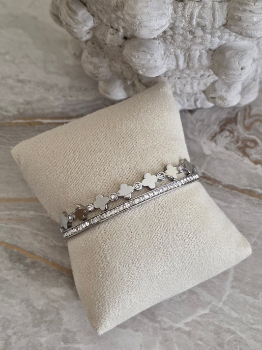 stainless steel clover bangle with cubic zirconia
