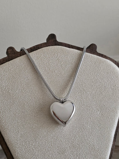 silver heart statement necklace with snake chain