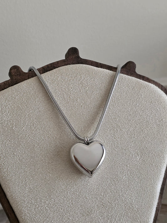 silver heart statement necklace with snake chain