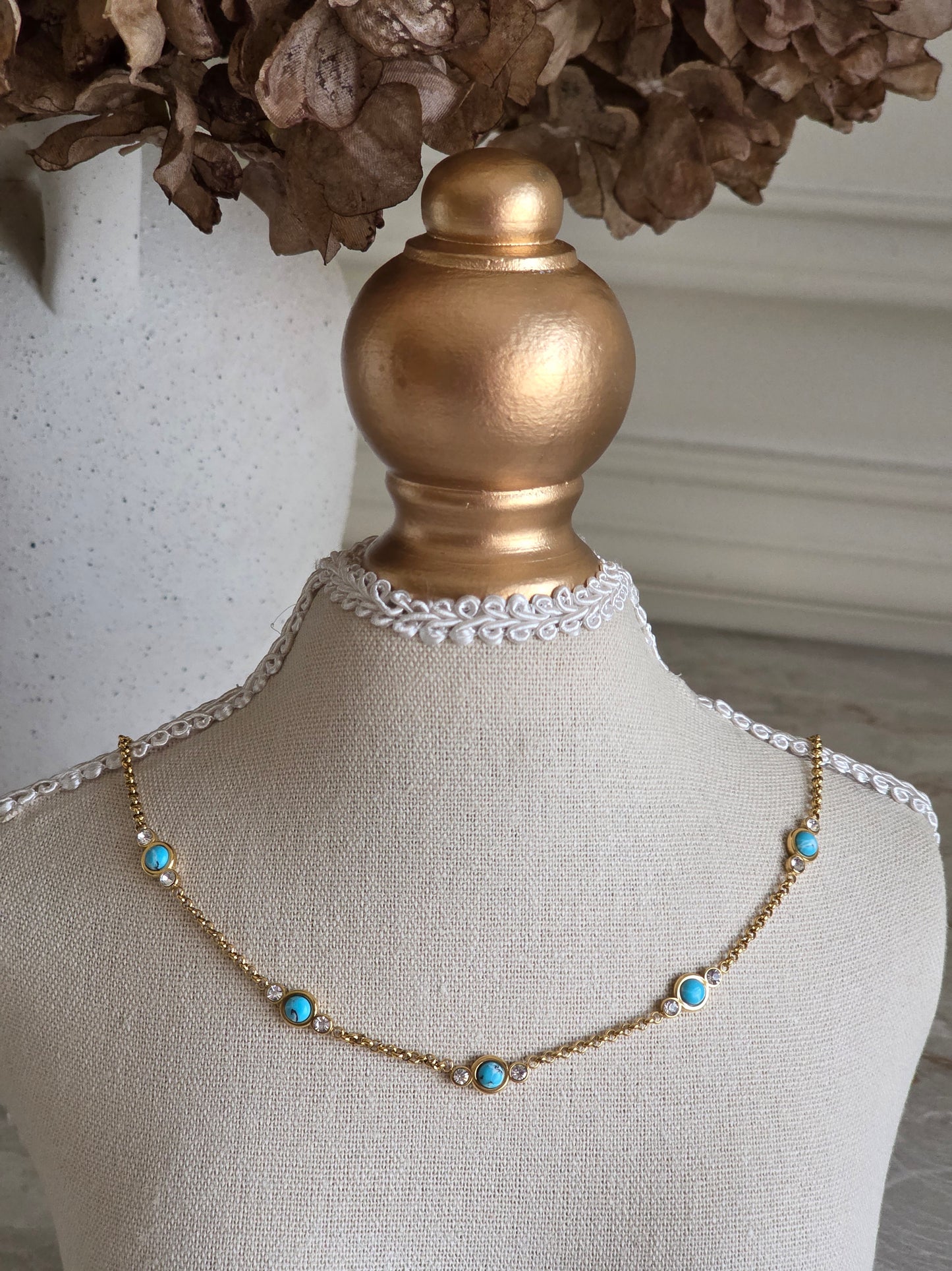 gold turquoise and cubic zirconia necklace
