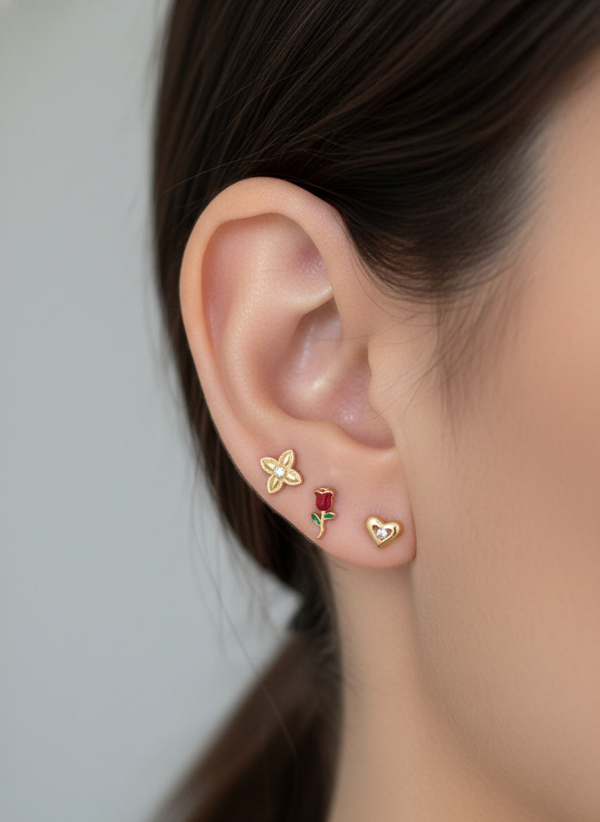 three piece earring set clover rose and heart