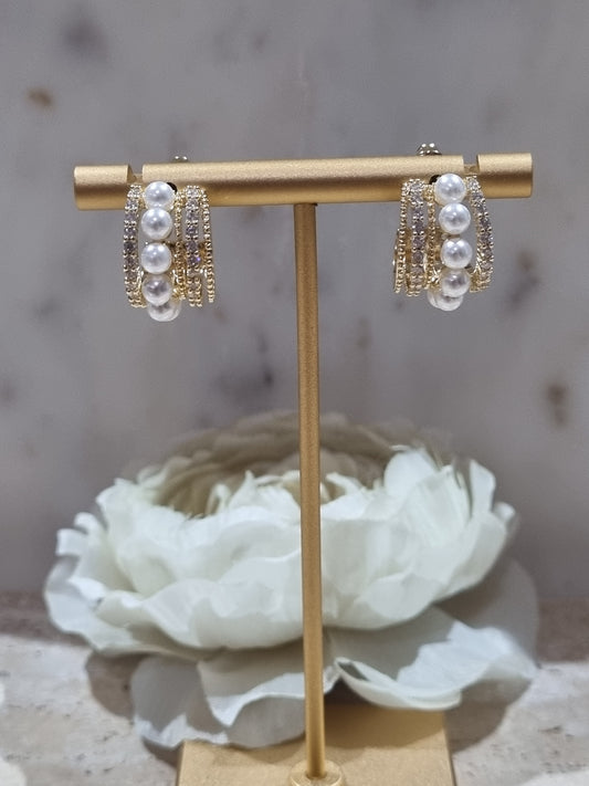 18 karat gold plated high quality stainless steel pearl and cubic zirconia hoop earrings