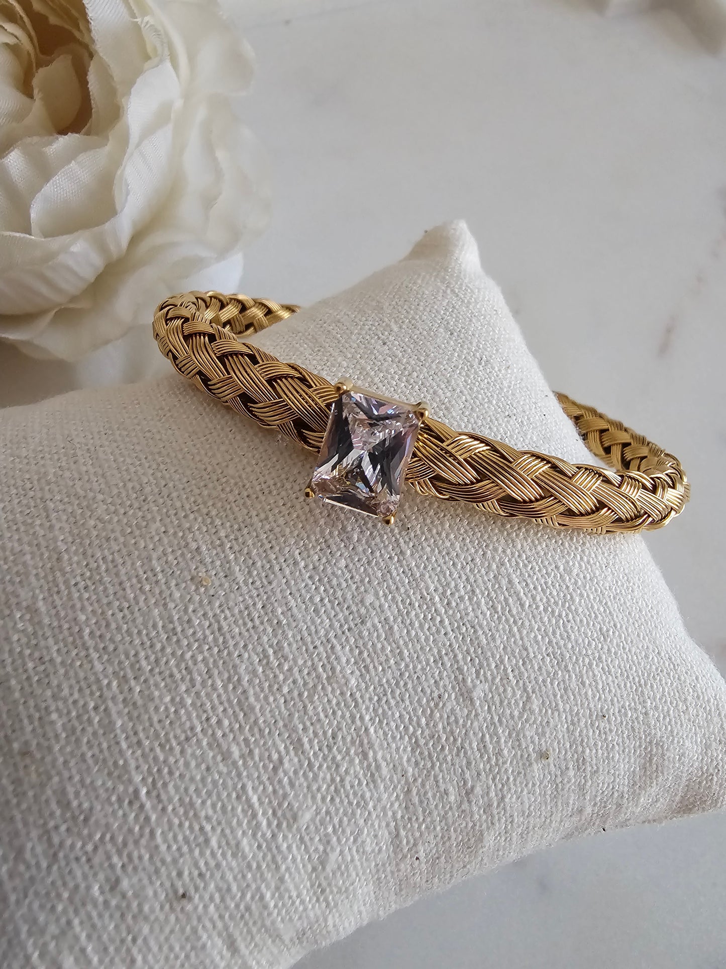 High quality stainless steel gold plated  mesh Bangle with Cubic zicronia