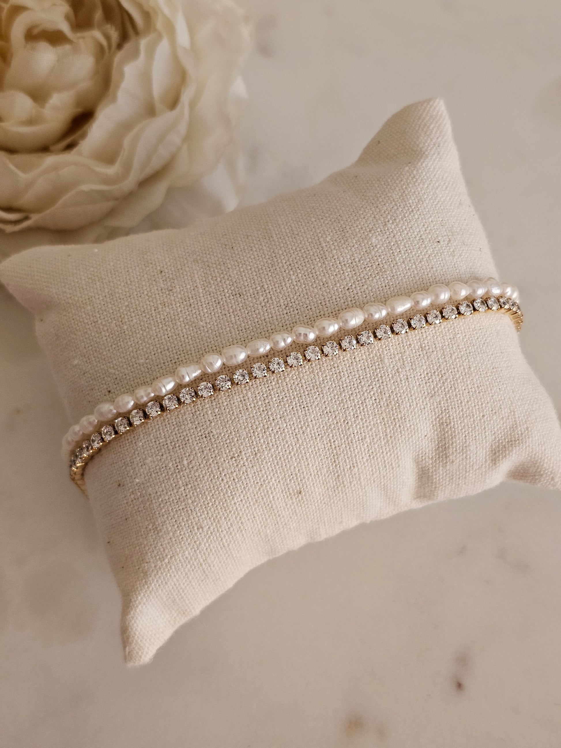 High quality stainless steel gold plated Cubic zirconia and pearl bracelet